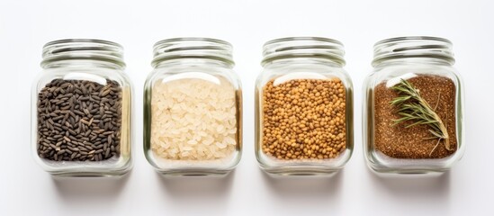 Poster - From a top-down perspective, there are glass jars containing rice, buckwheat, and pasta on a white surface, providing a clear area for text in the image.
