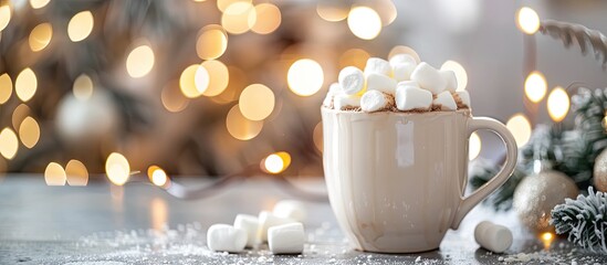 Aufkleber - Christmas-themed hot chocolate with marshmallows showcased in the foreground with a blurry background, perfect for adding text or logos in the copy space image.