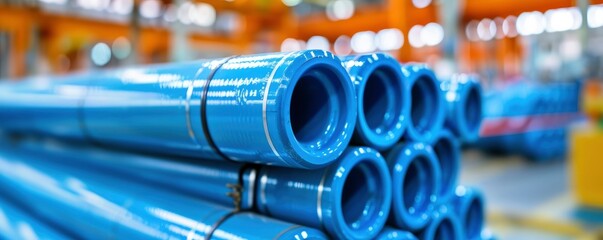 Blue steel pipes stacked in a factory with blur background