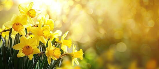 Poster - Bright yellow daffodils blooming in the garden with copy space image.