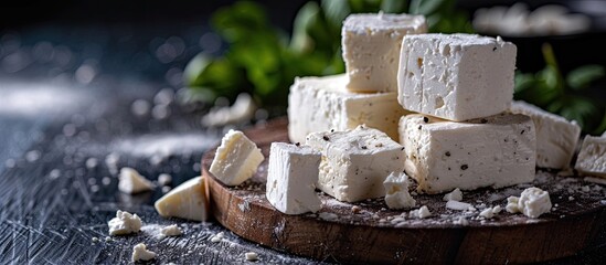 Poster - Delicious feta cheese arranged against a dark background in a copy space image.