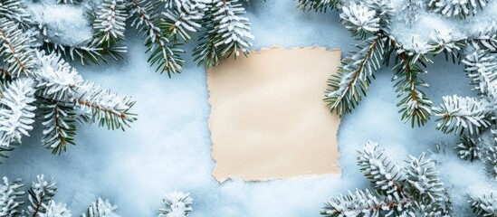 Poster - A flat lay of snow-covered Christmas tree branches with a paper note, creating a Nature New Year concept with copy space image.