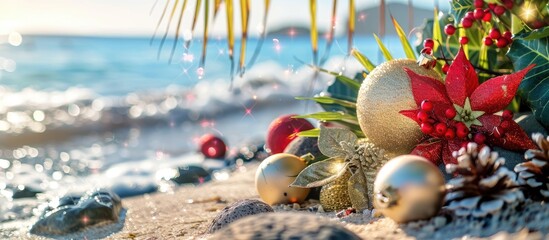 Poster - Festive decorations on a tropical stone beach with ocean backdrop. Copy space image available.