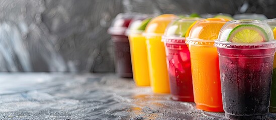 Poster - Variety of colorful fruit juices in a to-go plastic cup with a copy space image available.