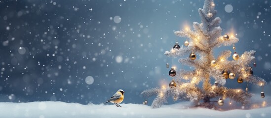 Fototapete - A white Christmas tree adorned with silver and gold ornaments under a beautiful blue bird on a twinkling evening sky with falling snow and lovely bokeh, with room for a picture.