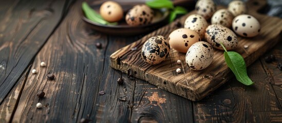 Poster - Quail eggs displayed on rustic wooden boards with a clear section for additional content in the image.