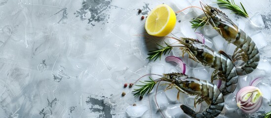 Poster - A light grey backdrop showcases fresh raw green tiger prawns seasoned with rosemary, lemon, onion, and spices on ice. The image offers ample copy space.