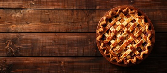 Poster - Apple pie resting on a wooden table in a flat lay view with copy space image.
