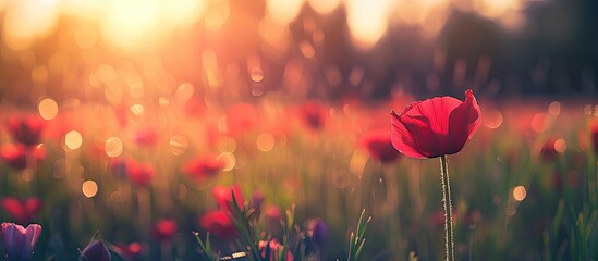 Poster - Selective focus beautiful red buttercup flower in a field at sunset with soft nature light, creating a spring background with a vintage tone and blur filter, ideal for a copy space image.