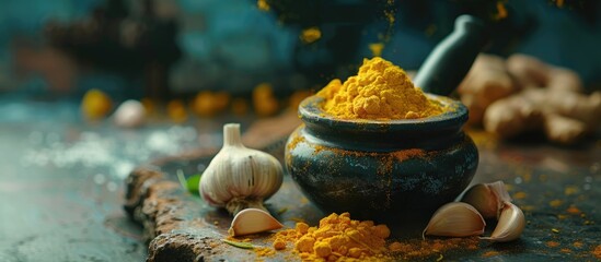 Poster - Indian cuisine showcased with a pestle and mortar featuring a paste of garlic, ginger, and turmeric, creating a vibrant copy space image.