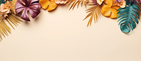 Aufkleber - Colorful and golden tropical leaves and palms on a beige backdrop create a minimal summer exotic theme with an area for text, forming a border arrangement for a photo or design