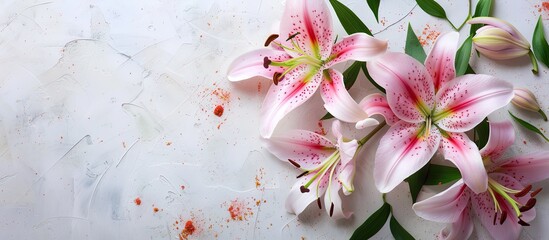 Aufkleber - A floral arrangement featuring lilies on a white table with copy space for text, emphasizing the flowers in the image.