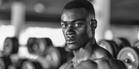 Poster - Man working out at home with dumbbells, ideal for fitness and exercise images