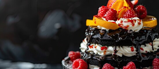 Aufkleber - A charcoal black cake topped with whipped cream, strawberries, raspberries, bananas, oranges, and chocolate sauce is displayed with a clear area for text or images.