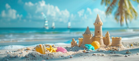 Poster - Sand castles and plastic toys placed on the beach near the sea, creating a picturesque scene with copy space image available.