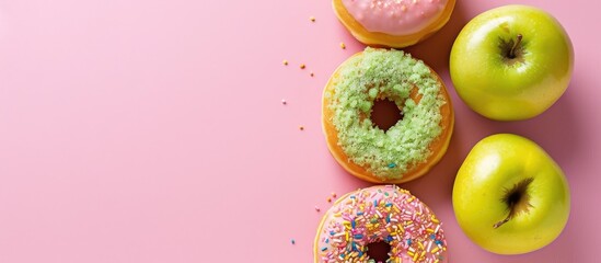 Poster - Close-up image of delicious donuts and a crisp green apple on a pink backdrop hinting at healthy eating, with ample copy space image.