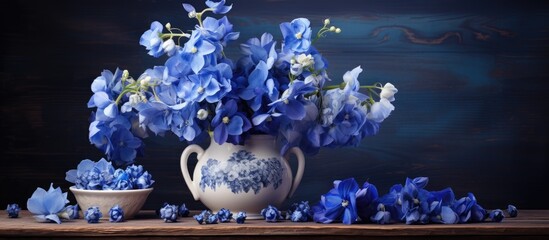 Aufkleber - A beautiful display of blue flowers arranged on the table with a blank space for additional imagery in the picture.