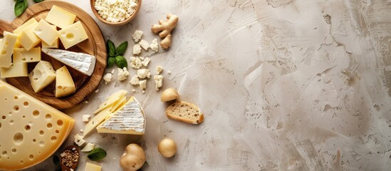 Poster - Various types and forms of cheese, representing a healthy food concept, set against a food-themed background with ample copy space for additional elements.