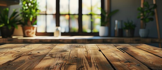 Poster - Wooden table with no items on it and a blurry background window with room for text or images, suitable for exhibiting products in a visual display.