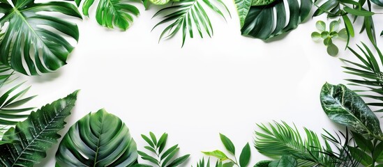 Fototapete - Tropical leaves of different species displayed on a white backdrop, showing the cutting path for easy editing with copy space image.