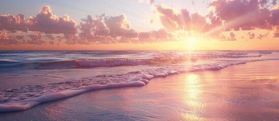 Poster - A beautiful beach scene with waves softly touching a sand bar under a stunning sunset backdrop, perfect as a copy space image.