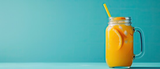 Poster - Copy space image of refreshing summer orange juice in a glass with a straw next to a glass jug on a blue backdrop.