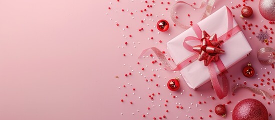 Poster - Minimalistic Christmas composition featuring gift box with ribbon and baubles on a pink background ideal for a greeting card concept with available copy space image.