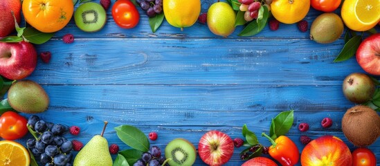 Poster - Blue wooden background with fresh fruits displayed and space in the middle for text.