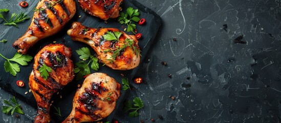 Poster - Asian-style marinated chicken with honey, garlic, soy sauce, herbs, and veggies on copy space image.