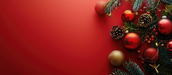 Aufkleber - Christmas ornaments decorating a red background, ideal for a Christmas card with copy space image.