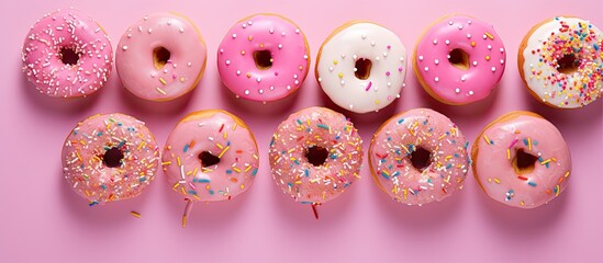 Poster - Top view of donuts with sprinkles on a pink background, highlighting the concept of sugar, calories, and homemade sweets with ample copy space image.
