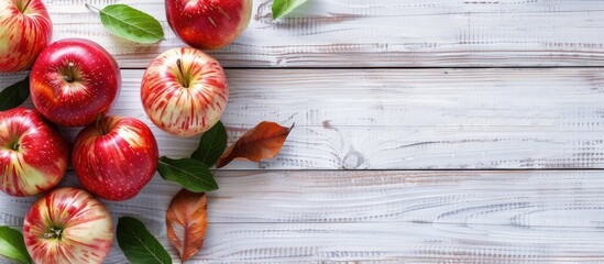 Poster - White wooden background with apples, copy space image available.