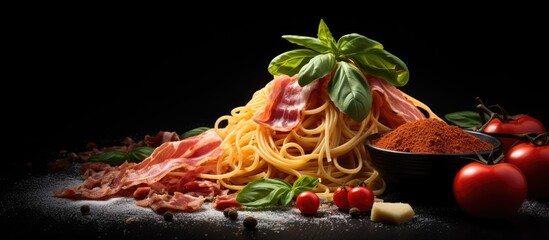 Aufkleber - Italian spaghetti ingredients with tomatoes and bacon on a black background, creating a visually appealing copy space image.