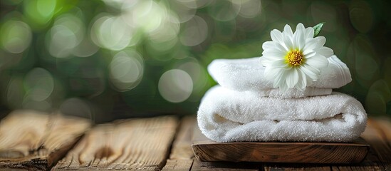 Aufkleber - Fresh white towels stacked with a white flower on a wooden board, perfect for laundry, spa, or dry cleaning themes, featuring copy space image.