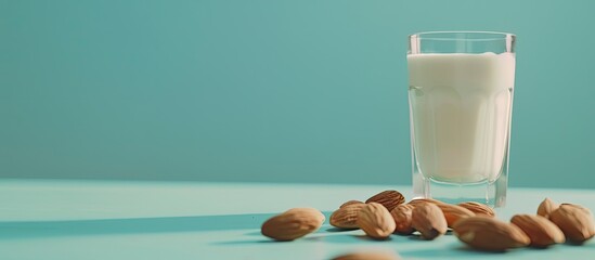 Canvas Print - Almond nut and milk neatly arranged on a table with plenty of copy space image.