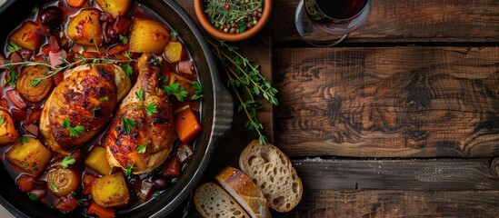 Poster - Top view of chicken chilindron in a rich vegetable sauce with red wine and cured ham. Includes a copy space image.