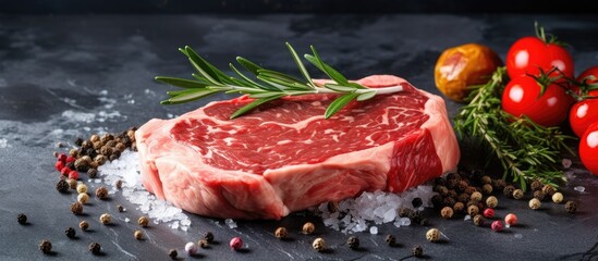 Aufkleber - A succulent uncooked beefsteak being prepared in a kitchen, with basil leaves, tomatoes, and spices placed on a marble surface, creating a delectable and juicy copy space image up close.