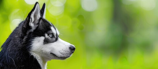 Poster - Husky dog with a charming appearance against a green backdrop, ideal for a copy space image.