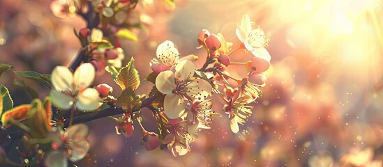 Wall Mural - In the springtime orchard, twigs burst into blossoms under the bright sunshine, creating a picturesque scene with a copy space image available.