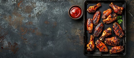 Poster - View from the top showing grilled spicy chicken wings in Mexican or Chinese style with ketchup on a black metal tray, along with copy space image.