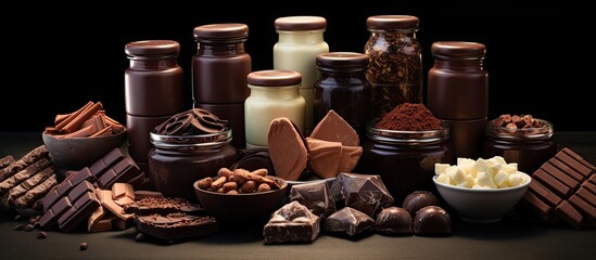 Leinwandbilder - Diverse chocolate displayed in various containers on a black and brown background alongside a copy space image.