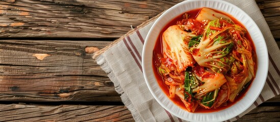 Poster - A top view of Korean cabbage kimchi in a white bowl on a wooden surface with selective focus. The left side offers a copy space image.