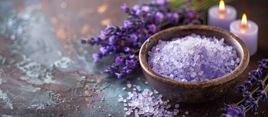 Poster - Spa setting with relaxing sea salt and lavender flowers, featuring a serene ambiance and a soothing environment with copy space image.