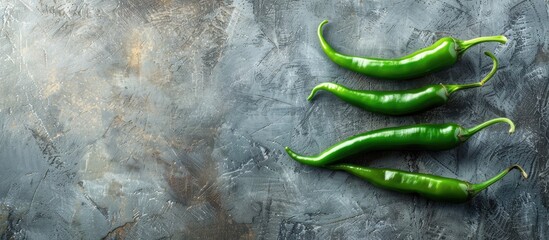 Aufkleber - An aerial shot of some green hot peppers on a pale stone backdrop with ample copy space image.