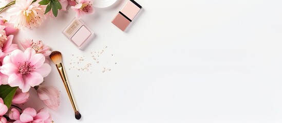 Leinwandbilder - Flat lay view of a feminine workspace on a white table with a laptop, flowers, cosmetics, and a face brush, offering ample copy space image.