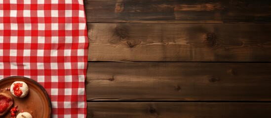 Aufkleber - Wooden table backdrop with checkered napkin, suitable for promoting pizza and food items with copy space image.