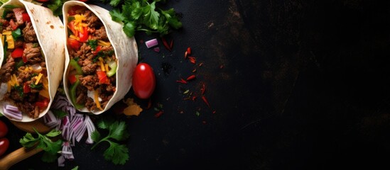 Poster - Top-down view of tortillas filled with assorted vegetables and beef, suitable for tacos or burritos, against a dark backdrop with available copy space image.