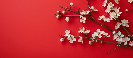Aufkleber - Blank space available on a red background beside a spring branch with white blossoms.