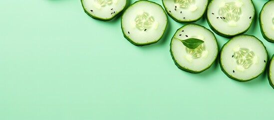 Poster - Cucumber slices on a face mask against a light green background, providing a serene copy space image.