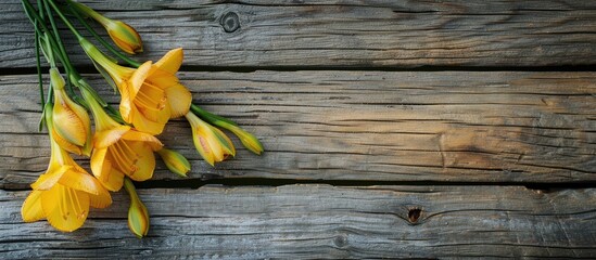 Poster - Freesia flowers blooming on a wooden surface with copy space image.